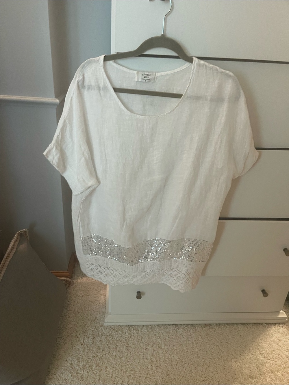 White Linen-Blend Short Sleeve Tunic with Sequin Hem